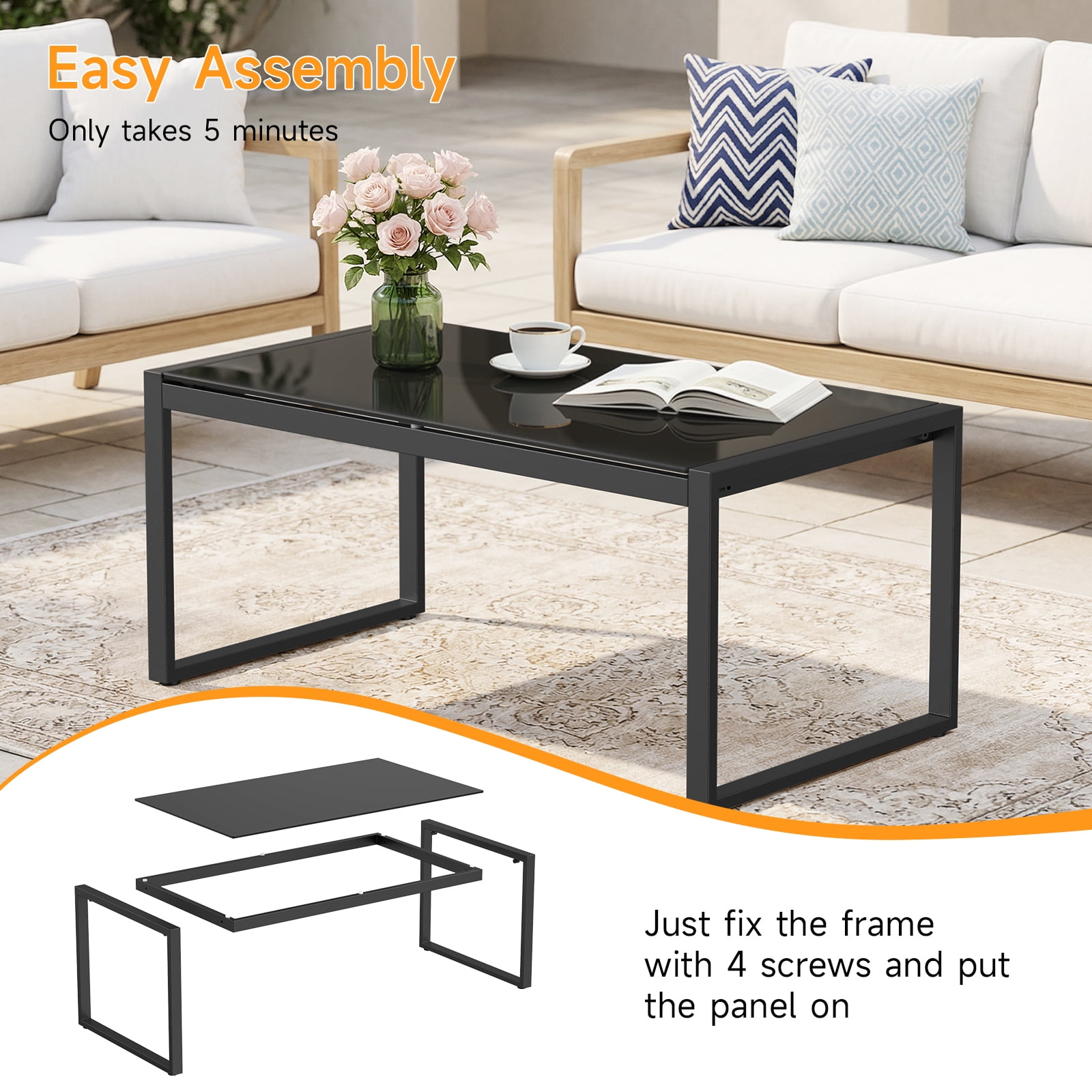 Dovov Outdoor Patio Coffee Table with Glass Top, All Weather Metal Rectangle Coffee Table Indoor Outdoor Glass Table for Patio Living Room, Black