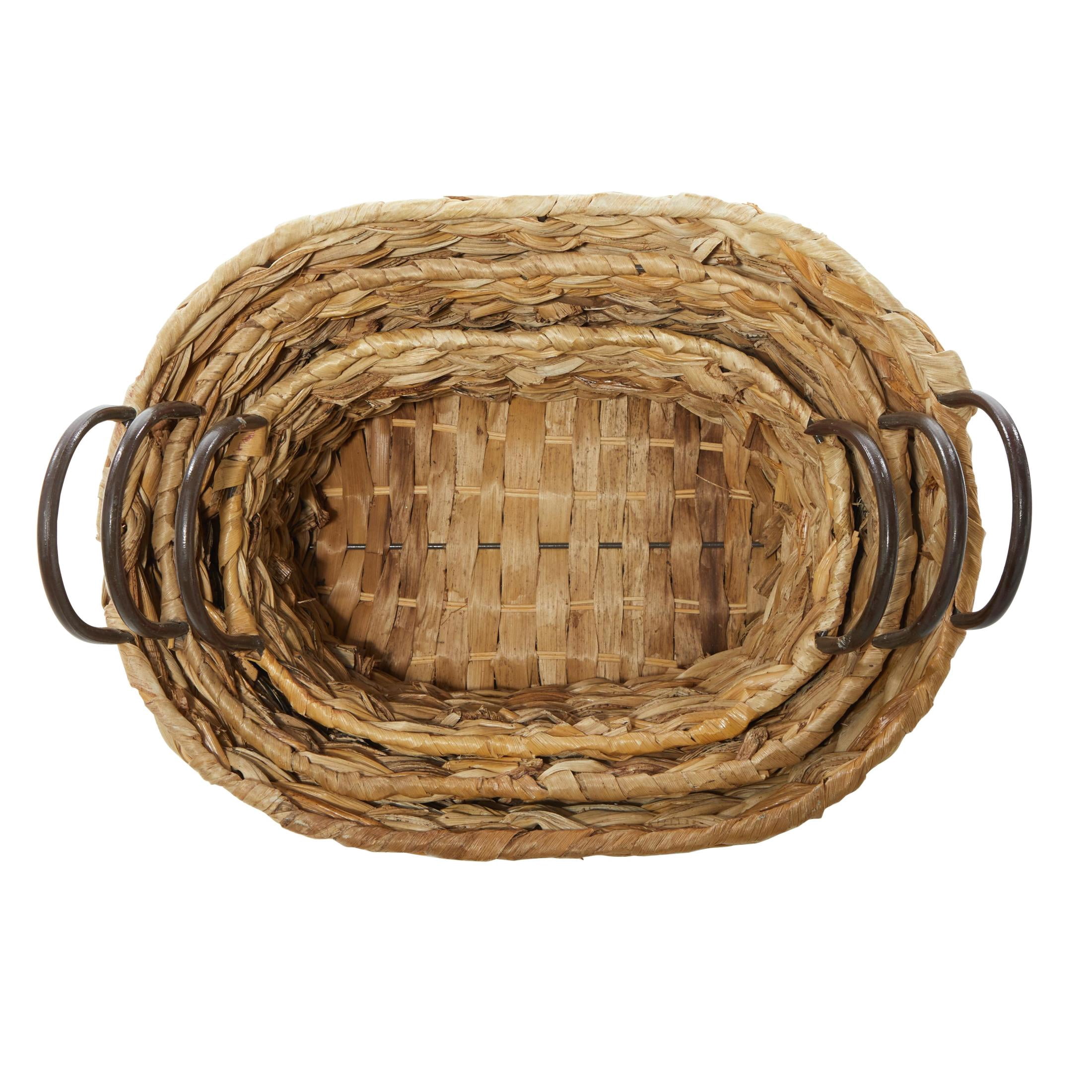 DecMode 16", 13", 11"W Brown Metal Handmade Storage Basket with Metal Handles, 3-Pieces
