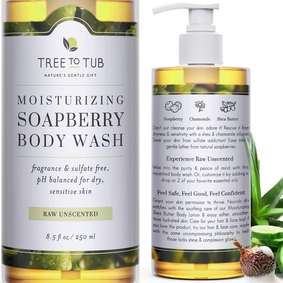 Tree To Tub Unscented Body Wash for Sensitive Skin & Dry Skin - pH Balanced Fragrance Free Body Wash, Hydrating Sulfate Free Body Soap for Women & Men