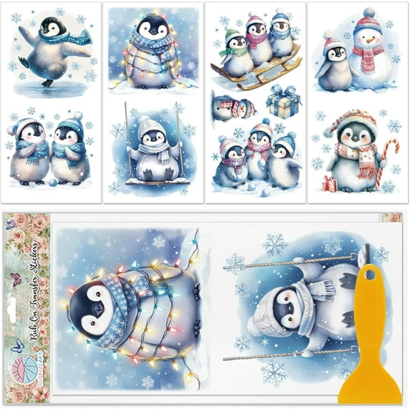 4 Sheets Christmas Winter Penguins Furniture Transfers Stickers 6x12inch Snowman Rub on Transfer UV Self-Adhesive Stickers Wall Art Craft for Bedroom Living Room Table Decoration