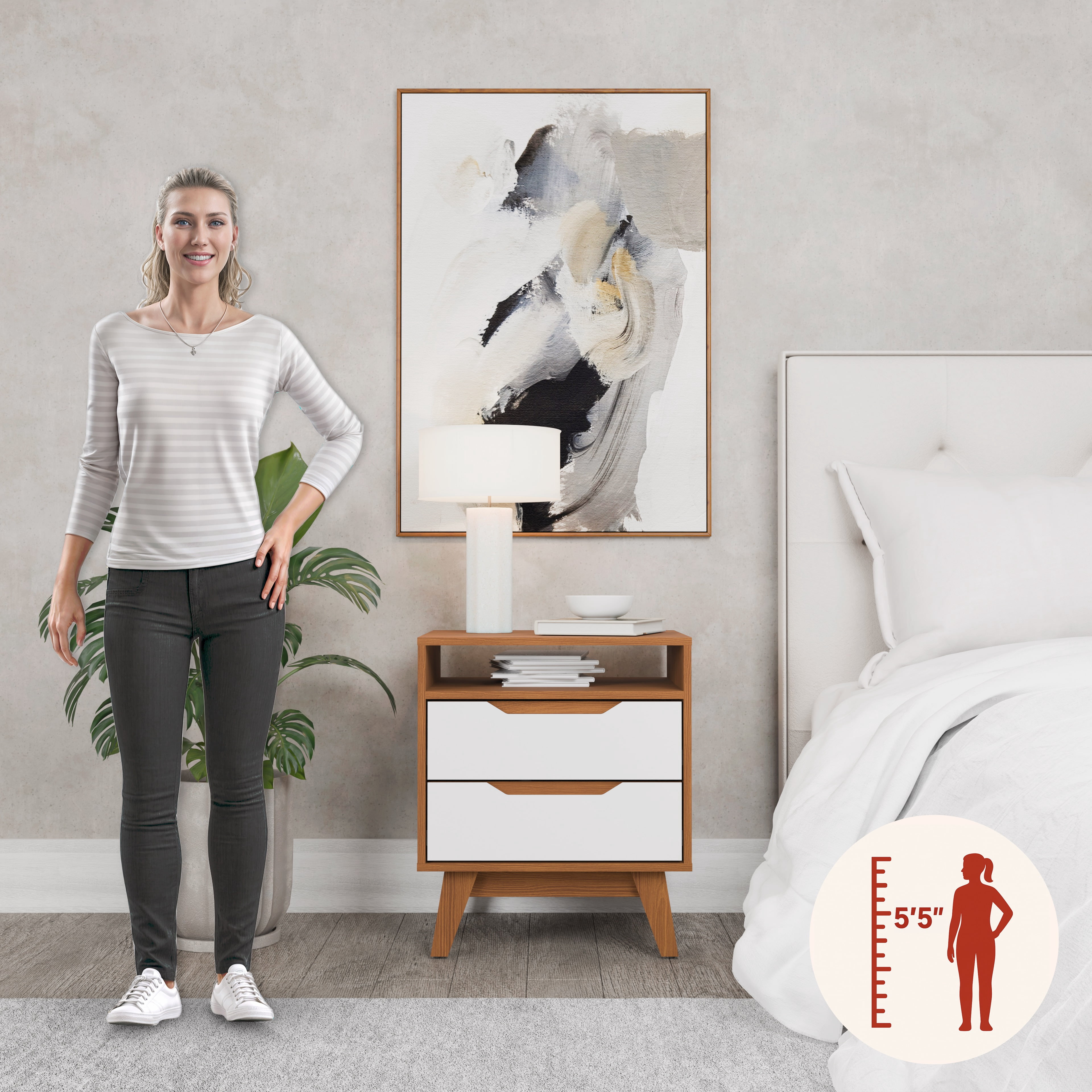 Kappesberg Paris 2-Drawer Nightstand with Open Shelf and Built-in Handles - Golden Oak/White - for Adults and Teens