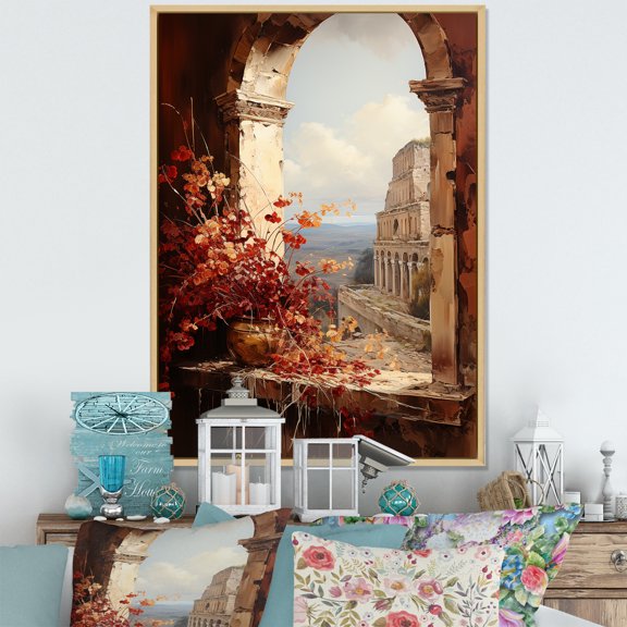 Designart "Landscape of Springtime in the Roman Empire V" Landscapes Framed Wall Art - Traditional Red Italy Hallway Framed Wall Art Decor