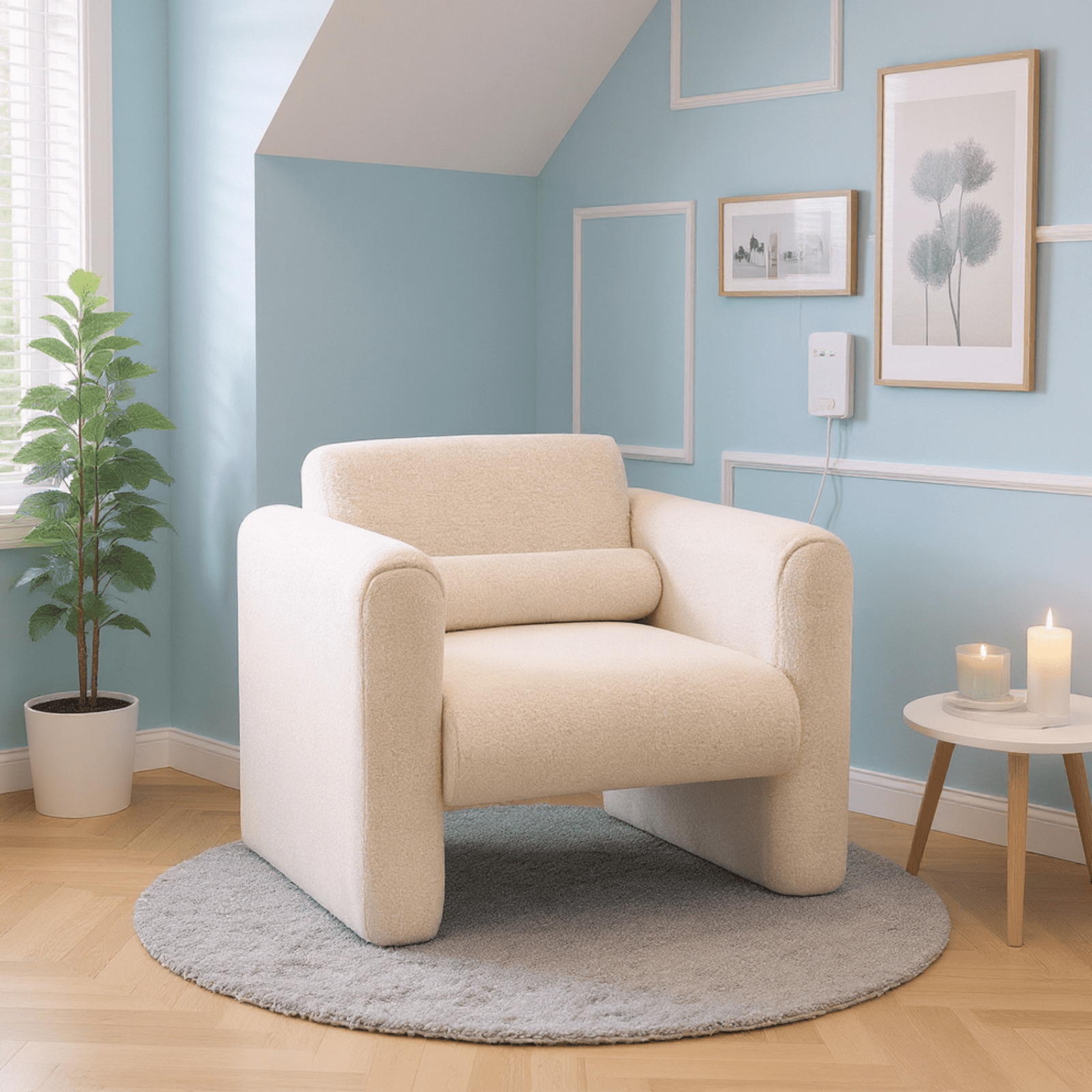Homy Casa Modern Accent Chair with Wide Arms, Upholstered Reading Armchair, Cream White Bouclé