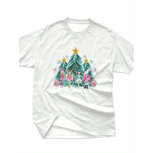 Girls' Christmas Nutcracker Print T-Shirt - Casual Crew Neck, Short Sleeve, Pure Cotton Top with Festive Design, Perfect for Spring, Summer & Autumn Outdoor Activities, Ideal Gift for Girls
