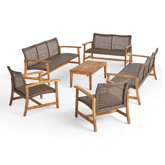 Noble House Hampton 6-Piece Outdoor Wood Sofa Set in Mocha/Natural