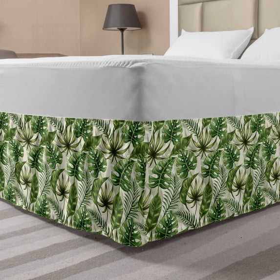 Leaves Bed Skirt, Monstera Leaf Illustration with Hawaiian Floral Elements in Nature Tones, Elastic Bedskirt Dust Ruffle Wrap Around for Bedding Decor, 4 Sizes, Green Cream Pale Green, by Ambesonne