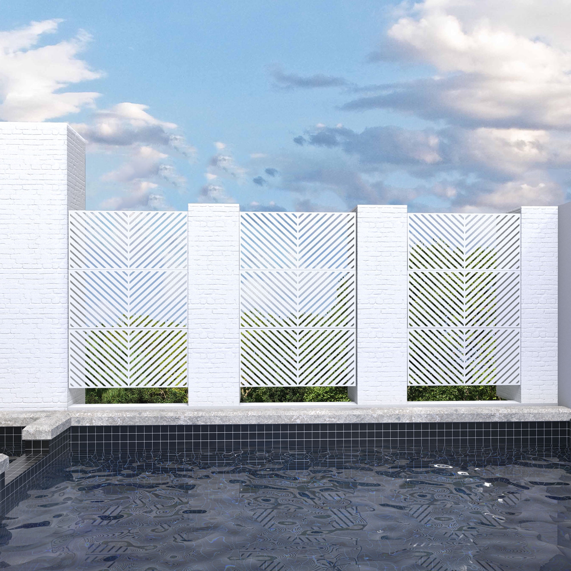 MAYEERTY 72*47" Outdoor White Metal Privacy Panel Screen for Patio, Parallel Line Pattern