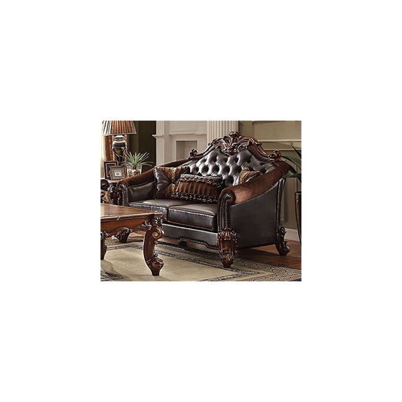 HomeStock Natural Beauty Loveseat w/3 Pillows, 2-Tone Dark Brown PU & Cherry
