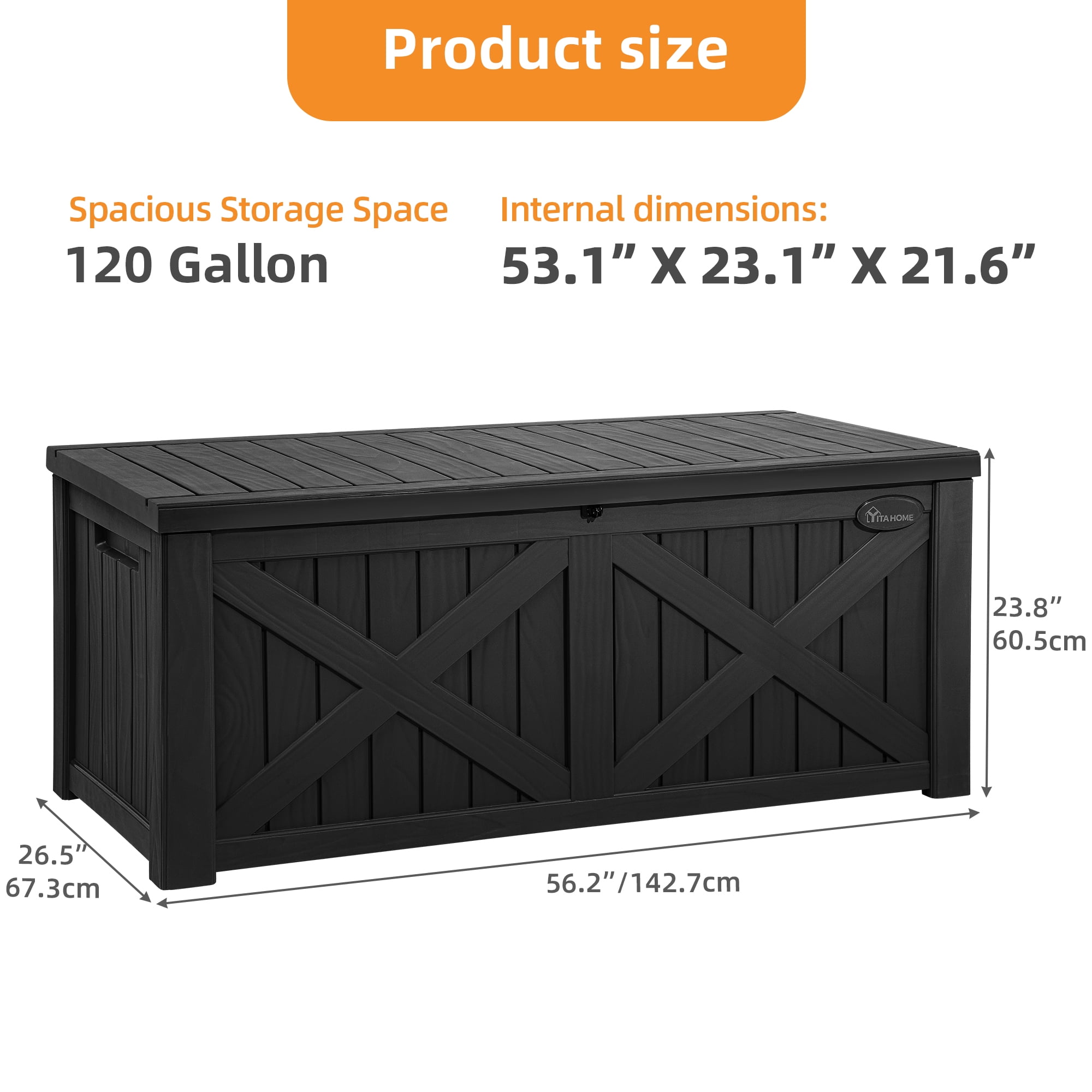 Uforic Outdoor 120 Gallon Large Resin Deck Box, Outdoor Storage Boxes with X-Shaped Front, for Patio Garden, Waterproof & Lockable, Black