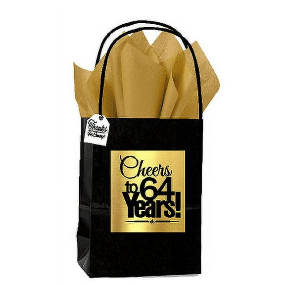 Black & Gold 64th Birthday / Anniversary Cheers Themed Small Party Favor Gift Bags with Tags -12pack
