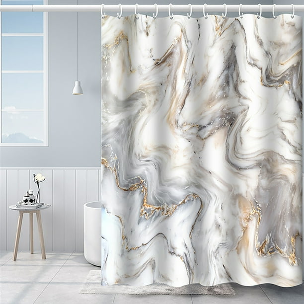 Marble Shower Curtain Set, 72 x 72 Inches with White and Grey Marble Design