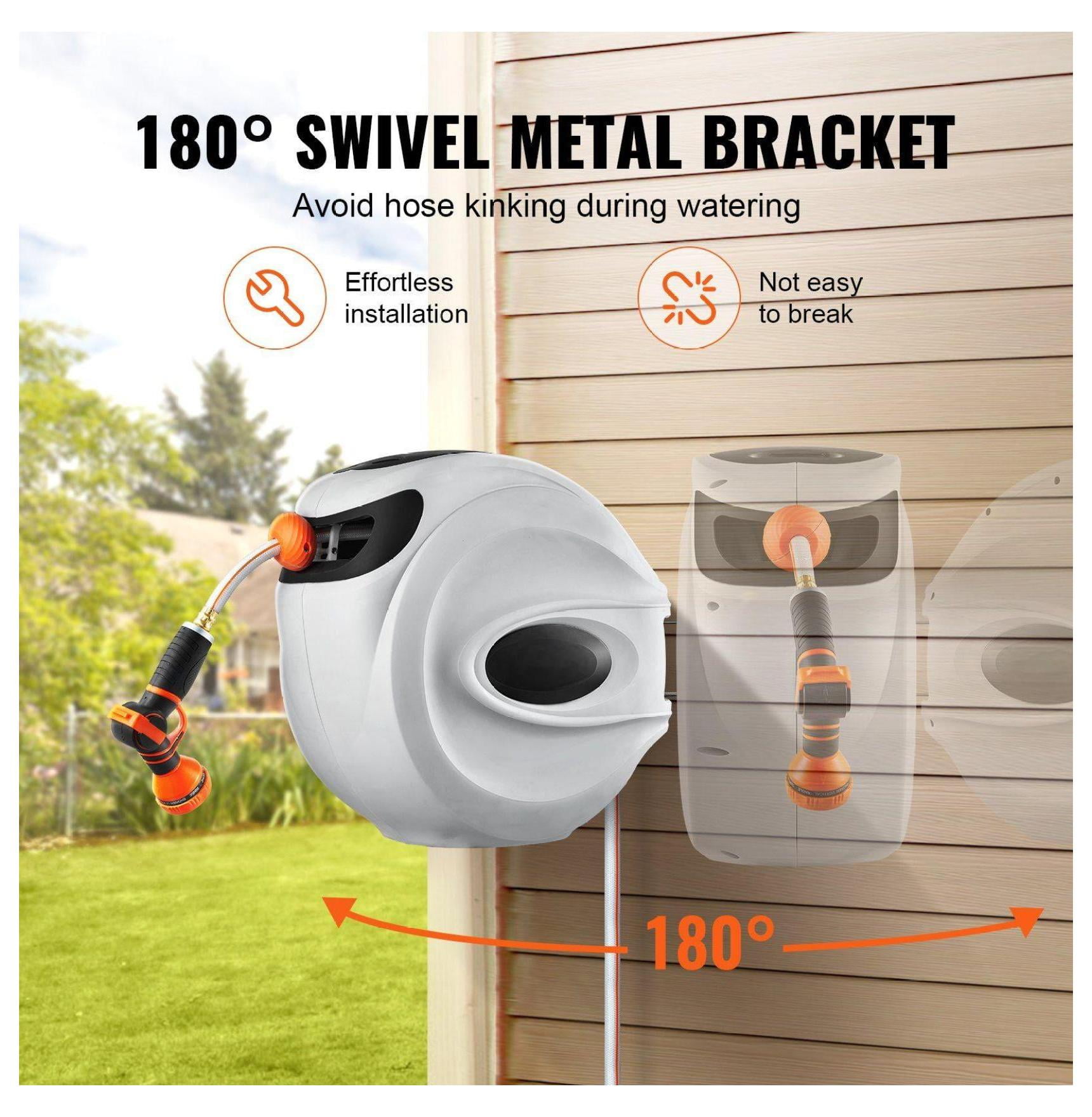 Retractable Hose Reel 130ft x 1/2in, Wall Mounted Garden Hose Reel, Auto Rewind, 180° Swivel, Brass Fittings, 9-Pattern Nozzle