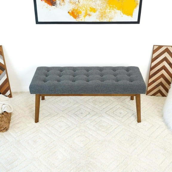 Noble House Delilah Mid-Century Modern Bench, Velvet Upholstery with Solid Wood Legs for Entryway, Living Room, Grey
