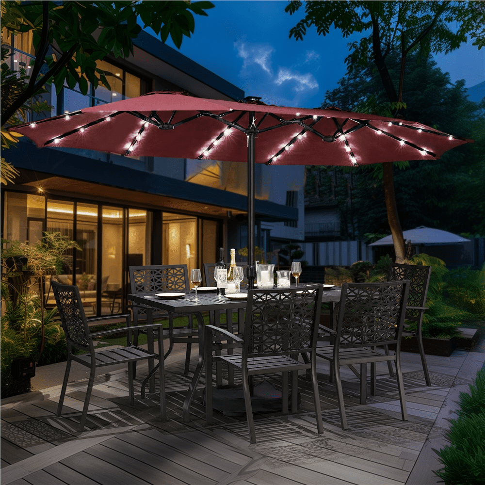 Renwick 15 ft Twin Patio Parasol Umbrella with Base & LED Lights, Burgundy