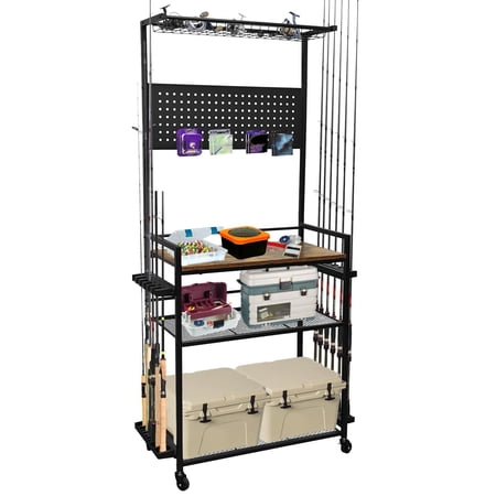 Black rolling fishing rod storage rack cart