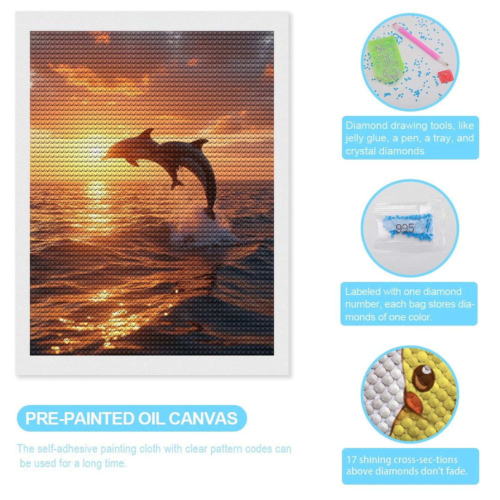 Diamond Art Kits for Adults - Dolphins Jumping Sunset Ocean Waves 5d Diamond Painting for Adults, Diamond Art for Adults Beginners, Frameless Diamond Painting Kits for Adults for Home Wall Decor