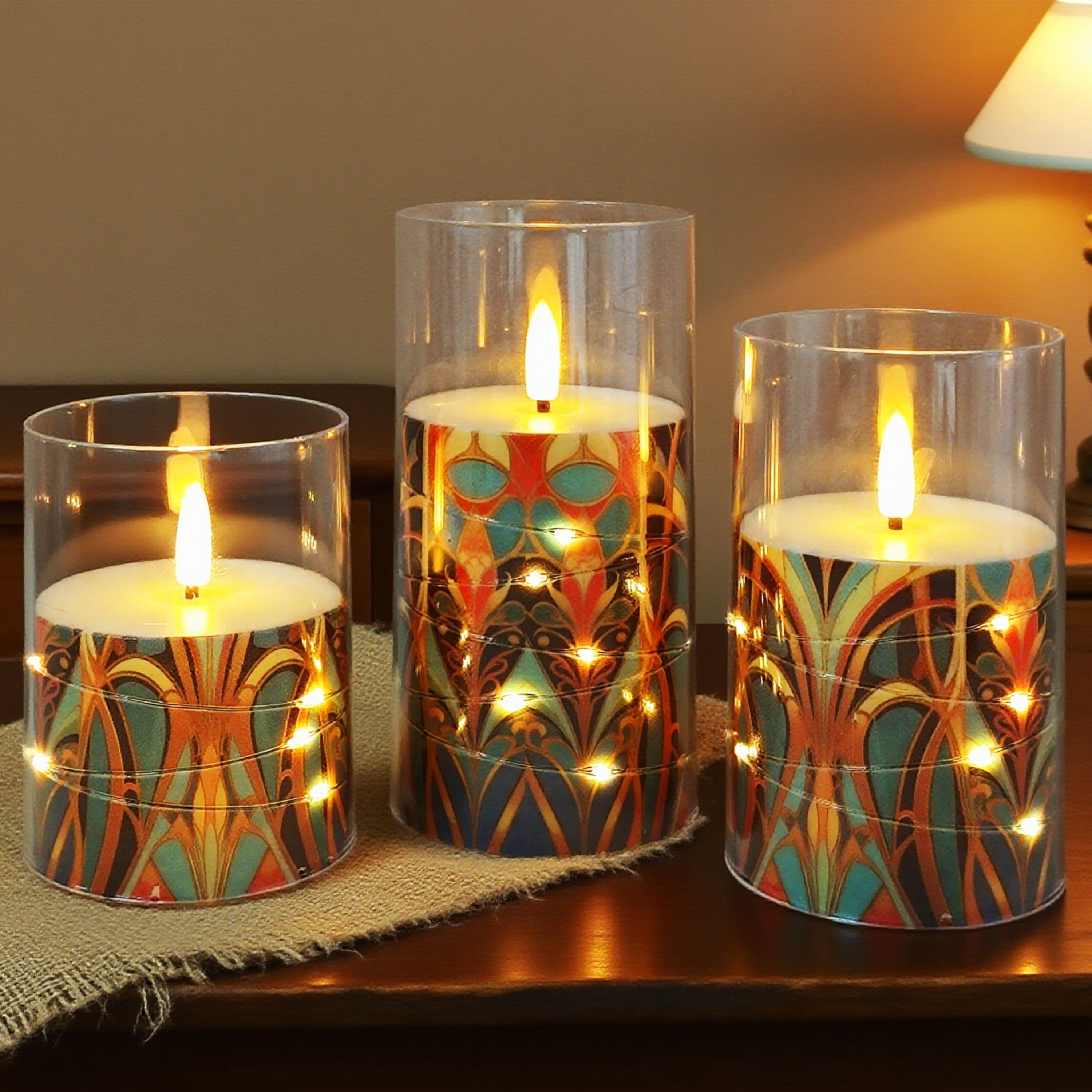 Flameless Candles with String Lights LED Candle Battery Operated Candles with Remote Control,Printed Pillar LED Candles for Wedding Holiday Party Table Home Decorations,Set of 3
