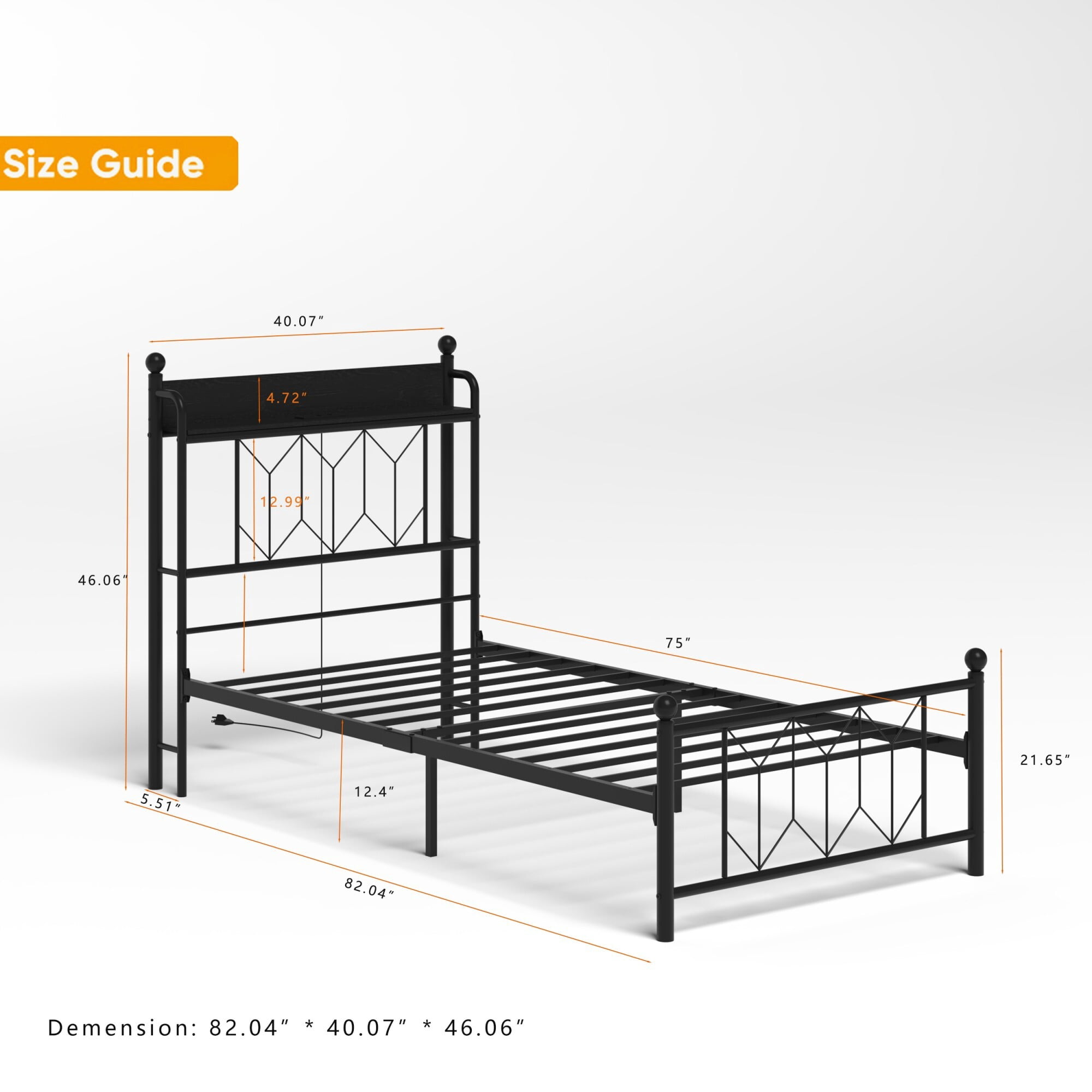 AENKYO Twin Bed Frame with LED Lights Headboard, Charging Station, Sturdy Metal Platform Bed with Shelf, Black