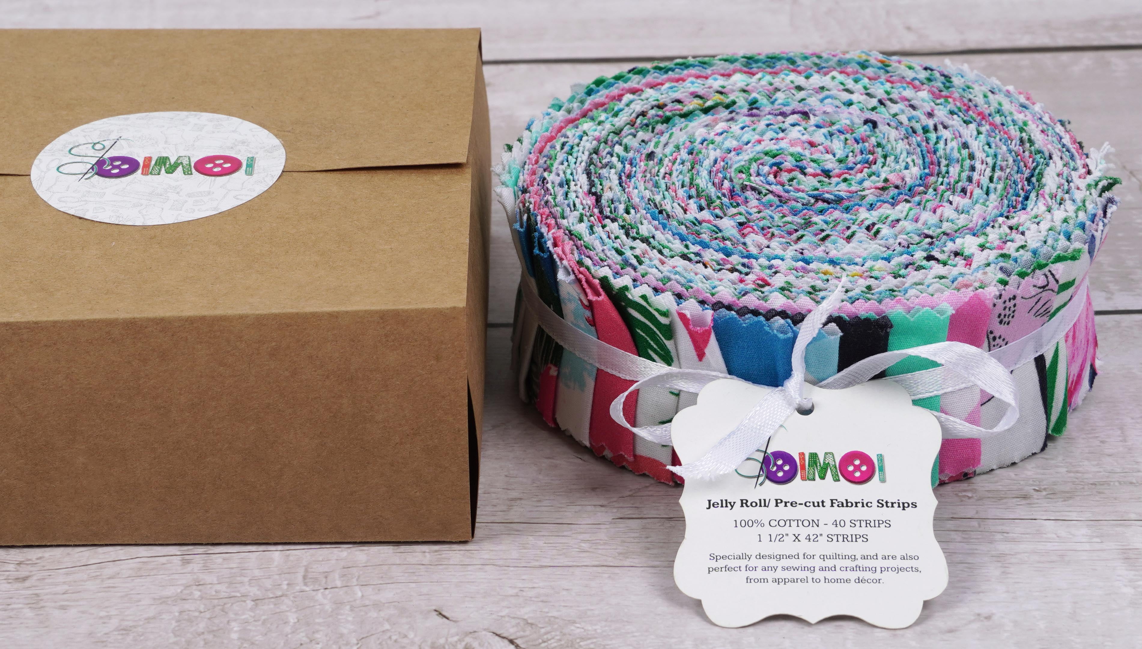 Soimoi 40Pcs Tropical Theme Flamingo Print Precut Fabrics Strips Roll Up 1.5x42inches Cotton Jelly Rolls For Quilting - Pink, Blue & Green