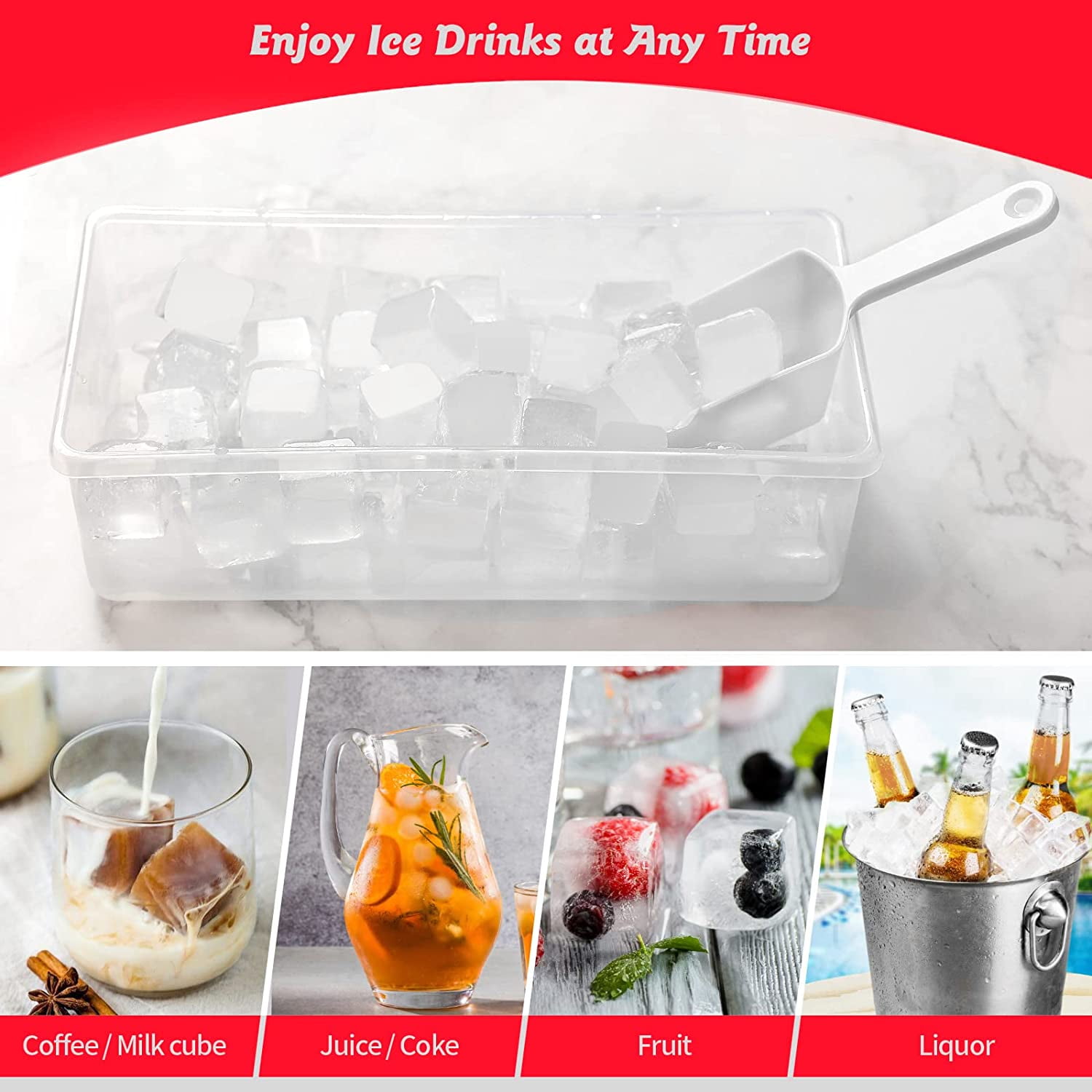 Silicone Ice Cube Tray with Leak-Proof Lid & Storage Bin for Freezer – BPA-Free 36-Piece Nugget Ice Molds, Spill-Resistant Cover & Ice Scoop Container Cover Red