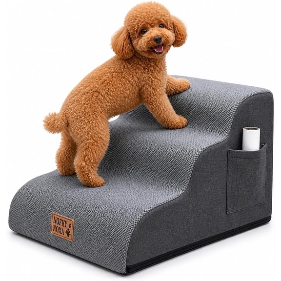 BOFNL 11.8" 3-Tier Dog Ramp and Stairs, Non-Slip Pet Steps with Washable Cover & Storage Pocket for Small Dogs and Cats