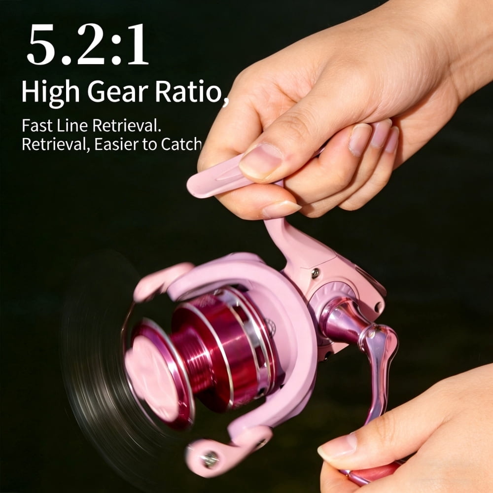 Fishing Reel, All-Metal Spinning Reel for Float Fishing, Long-Range Casting Reel, Spinning Reel, Pink ,Perfect Gift for Women Girl