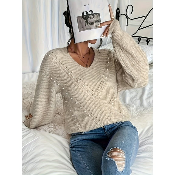 Plus Size Women's Pearl Beaded Pullover V Neck Drop Shoulder Loose Sweater Top