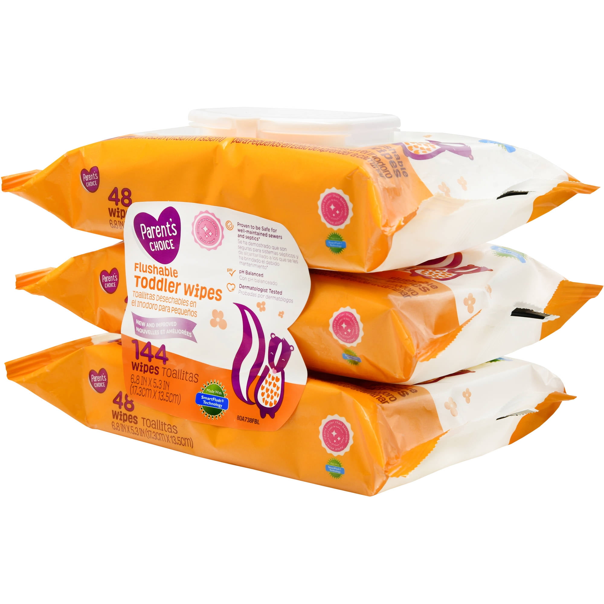 Parent's Choice Flushable Toddler Wipes, 3 pack of 48 (144 ct
