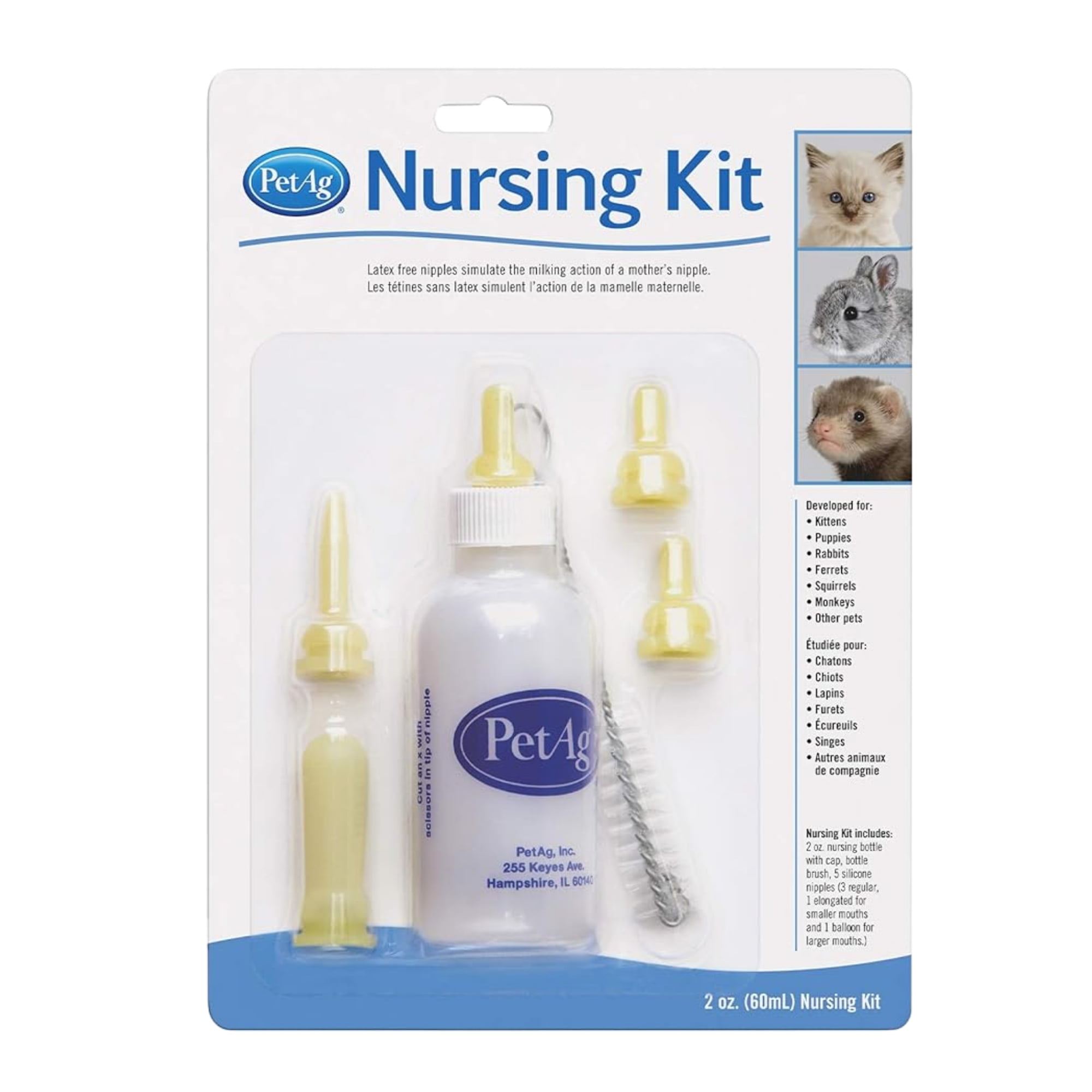 Pet-Ag Nursing Kit - 2 oz - Includes 2 oz. Bottle & Cap, 5 Nipples, Brush