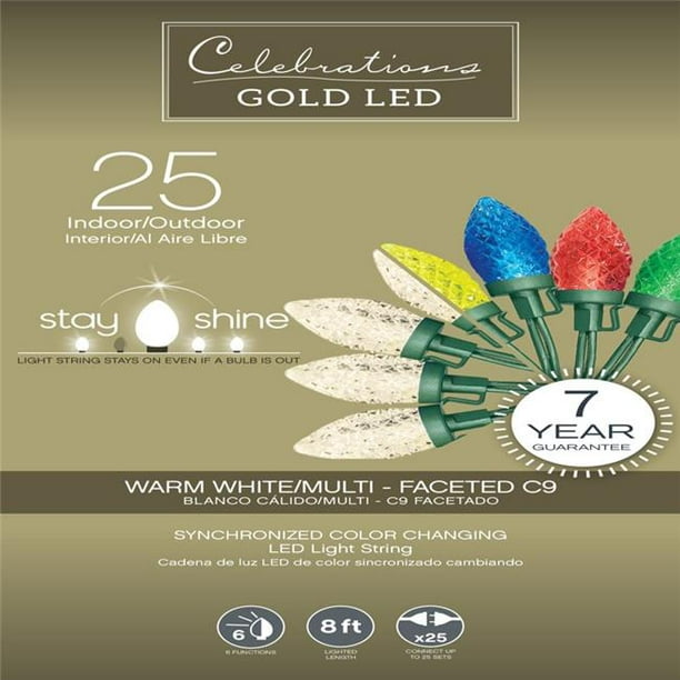 Celebrations 9070381 8 ft. Gold LED C9 Multi Color & Warm White String  Christmas Lights - 25 Count 