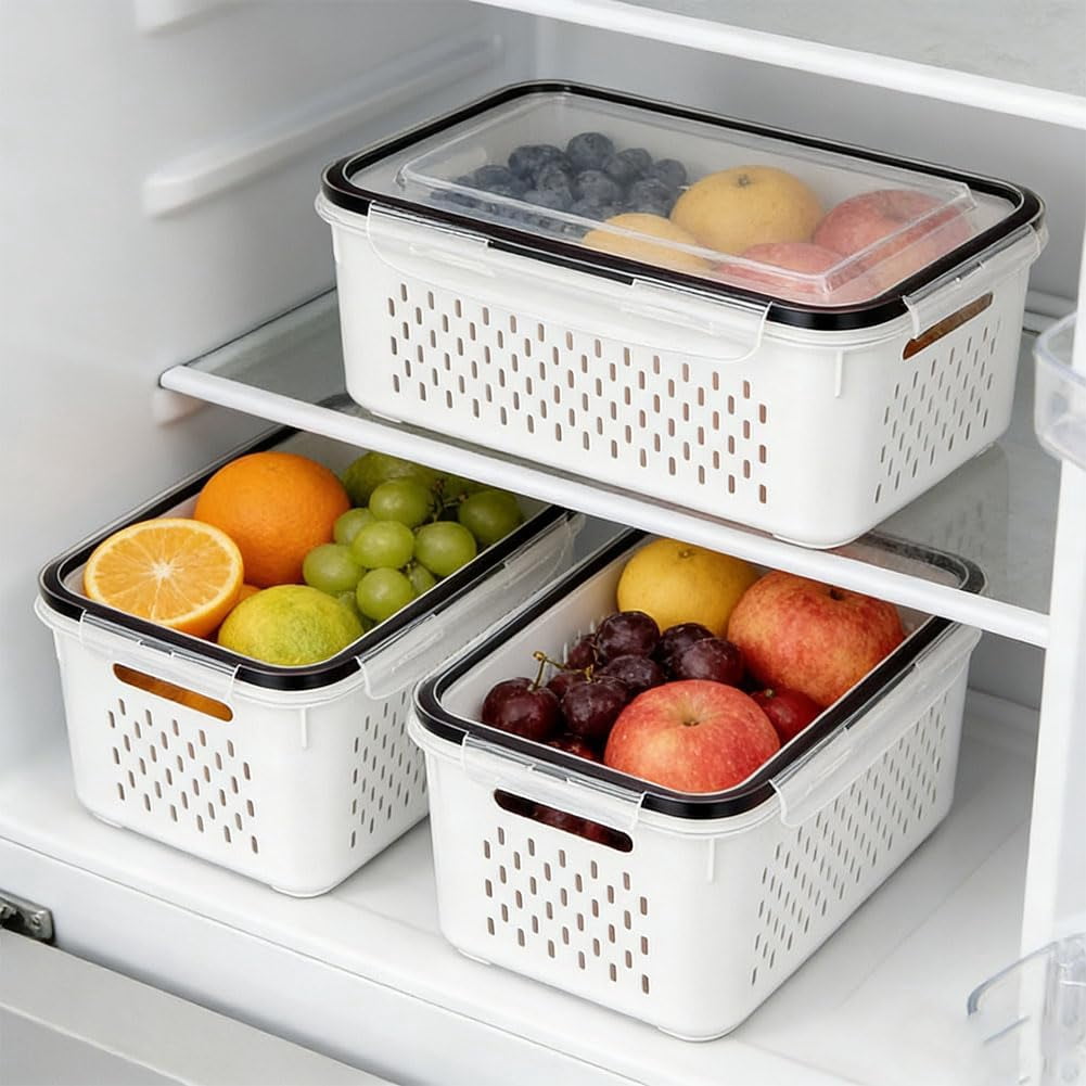 4-in-1 Food Storage Containers for Fridge with Removable Colanders, Transparent Plastic Produce Keeper with Drain Basket, Stackable Vegetable Fruit Containers