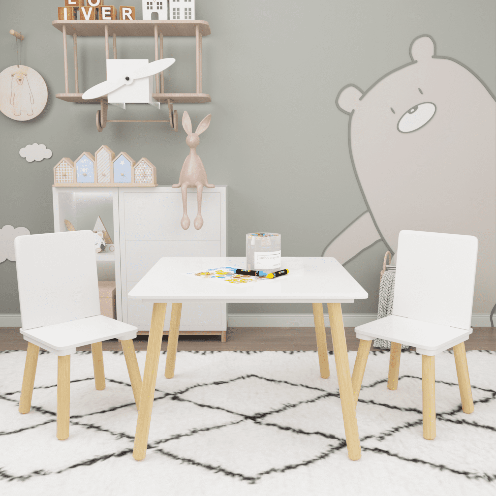 Oufan Kids Table and chair 3-piece set  ,Wooden multi-Activity Table Set with for Drawing, Reading, Eating,Build Blocks，White