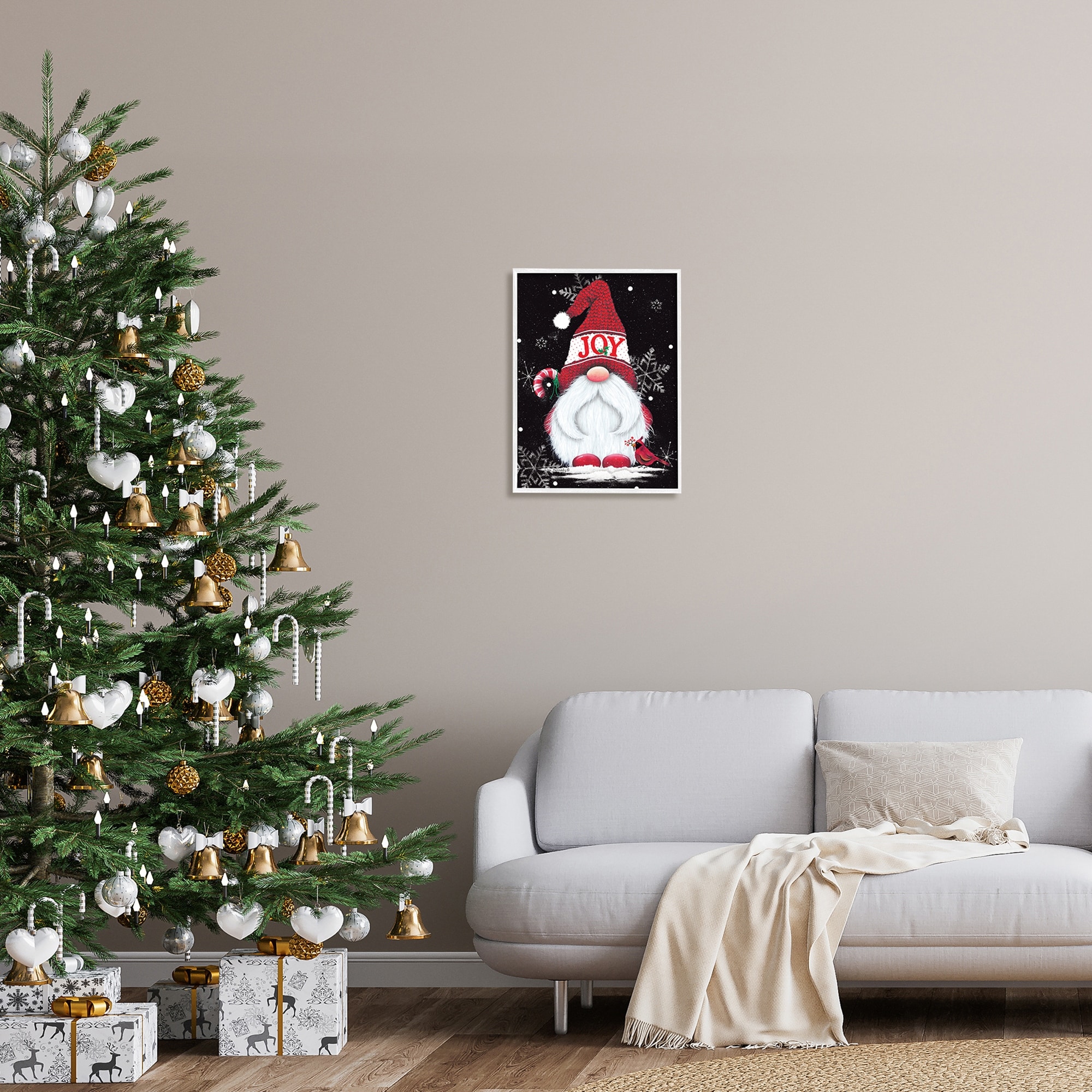 Red Holiday Gnome Candy Cane Snowflakes Pattern Fairy Tales & Fantasy Graphic Art Framed Art Print Wall Art
