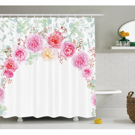 - Shabby Chic Decor Shower Curtain, Floral Wreath in Half Blossoming Romantic Bridal Roses Peonies Feminine, Fabric Bathroom Set with Hooks, 69W X 70L Inches, Multicolor, by Ambesonne
