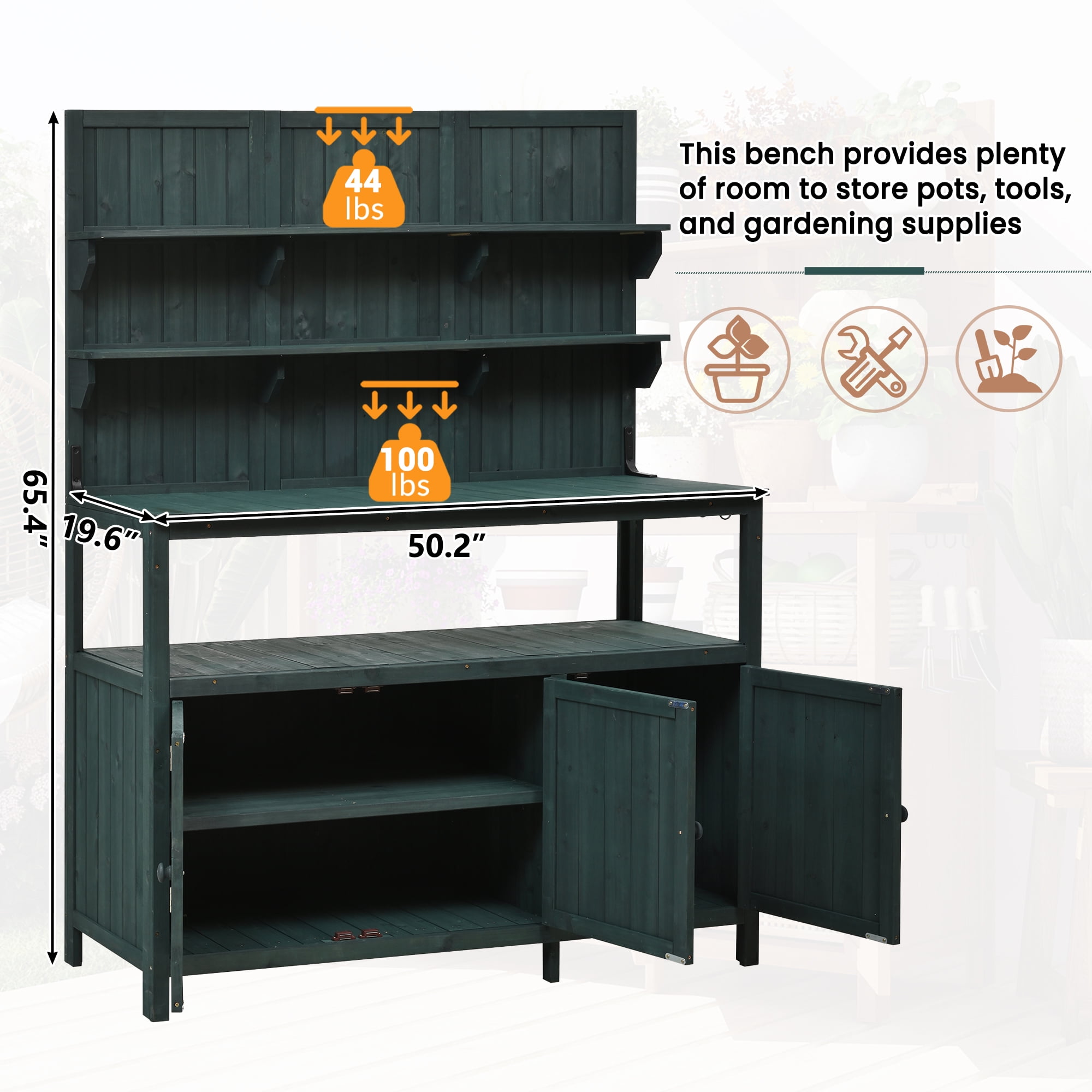 Yoneston Potting Bench with Hutch, 50.2" Solid Fir Wood Garden Workstation with Large Countertop, 2 Shelves, 2 Cabinets & 3 Side Hooks, Outdoor Planting Table for Gardening,Green