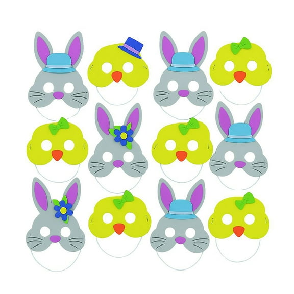 Fun Express 5 1/2" – 9 1/2" Easter Bunny & Chick Foam Half Masks - 12 Pieces