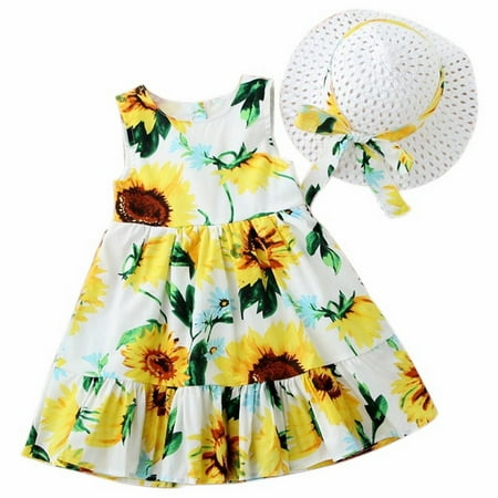 

Girls Dresses Summer Girls Dress Fashion Sunflower Skirt Cotton Skirt Hat Soft Cute Fluffy Dress For 18-24 Months
