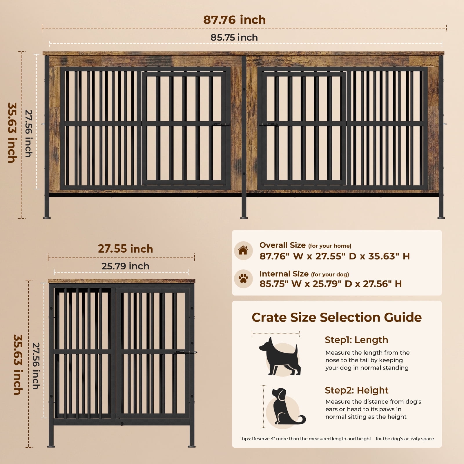 Ironovahome 88" Dog Crate Furniture for 2 Large Dogs with Sturdy Removable Divider and Double Doors, XXL Extra Large Indoor Dog Kennel, Thick Heavy Duty Wooden Dog Cage, Brown