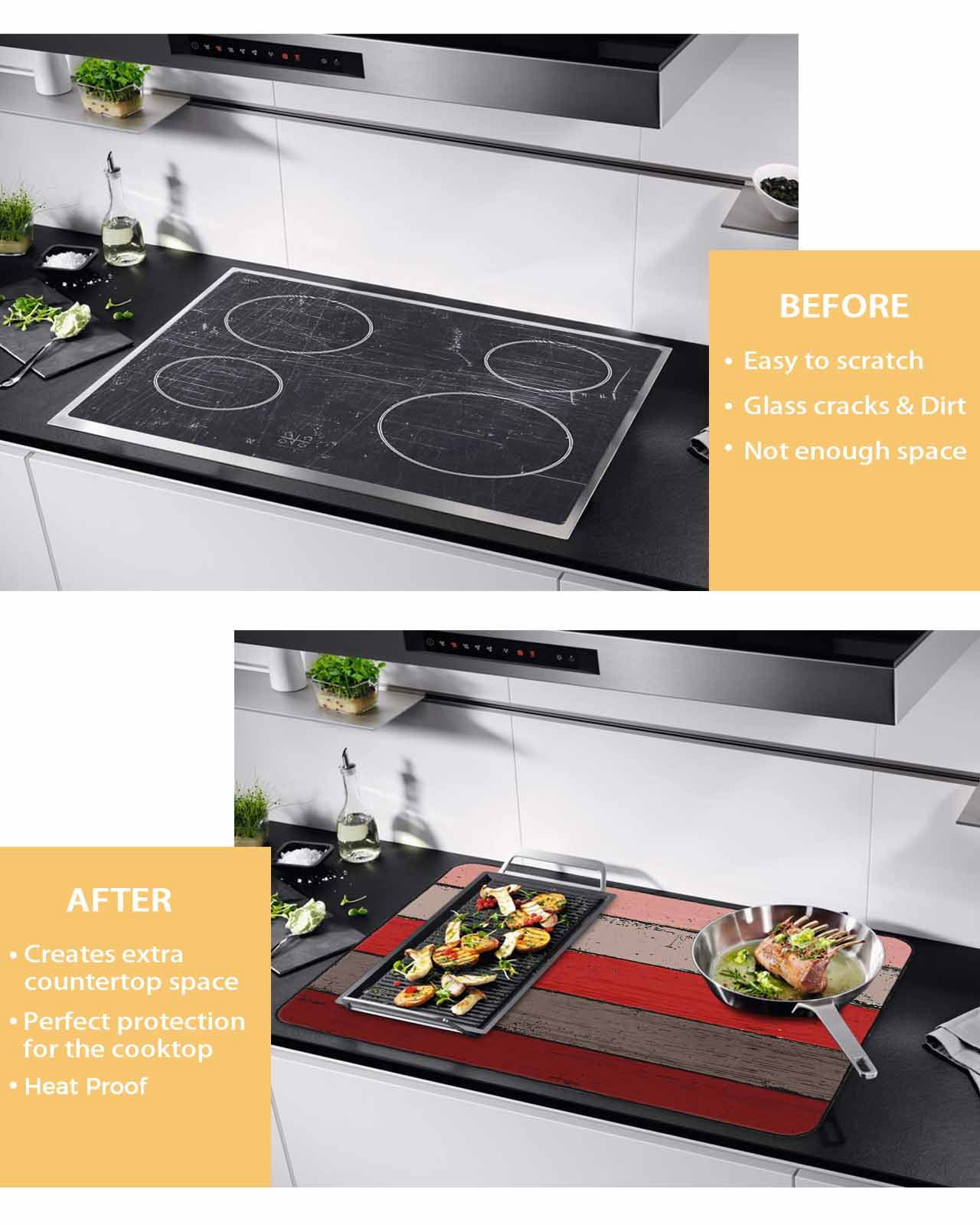 nqOlkjepod Large Induction Cooktop Protector Mat 24"x21", Red Wooden Stove Top Covers for Electric Stove, Grey Stripe Gradient Country Rustic Grain Stove Burner Cover Mats, Glass Top Stove Cover