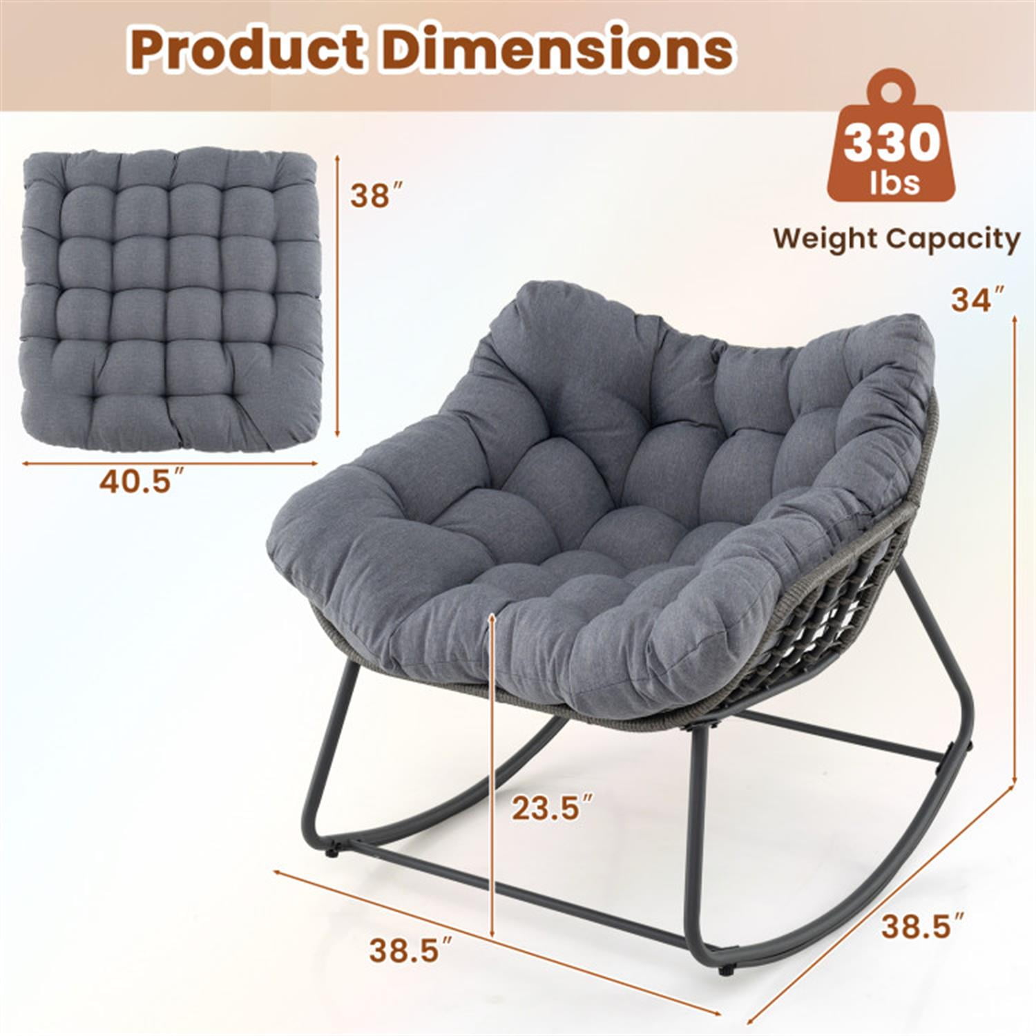 Demi Bonn Outdoor Rocking Chair Oversized Patio PE Wicker Egg Chair with Cushion, Patio Accent Furniture Fire Pit Lounge Chairs for Yard, Garden, Gray