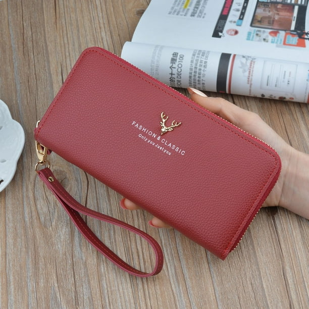 Cartera de mujer Cartera de mujer de gran capacidad con cremallera, bolso de mano, monedero con estampado de lichi simple y moderno, bolso para teléfono móvil