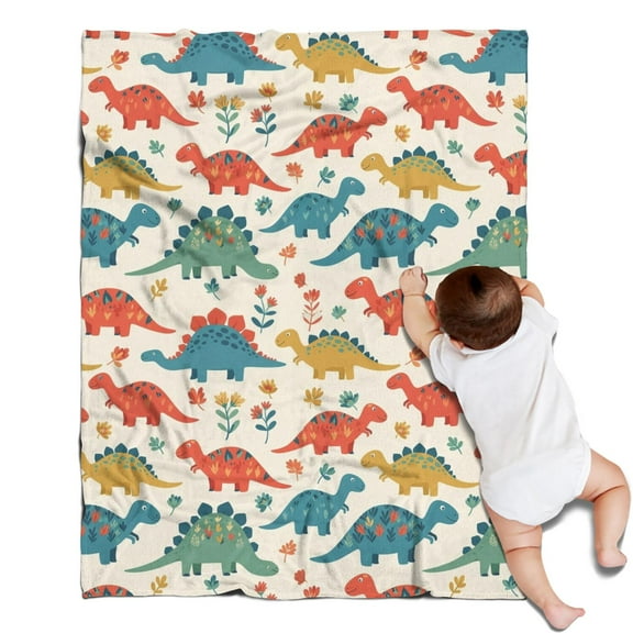 Beige Cartoon Dinosaurs Flowers Pattern Blanket,Comfortable Soft Flannel Throw Blanket,All Season,Warm Lightweight Blankets for Sofa Bed Couch Living Room Chair,30"x40"