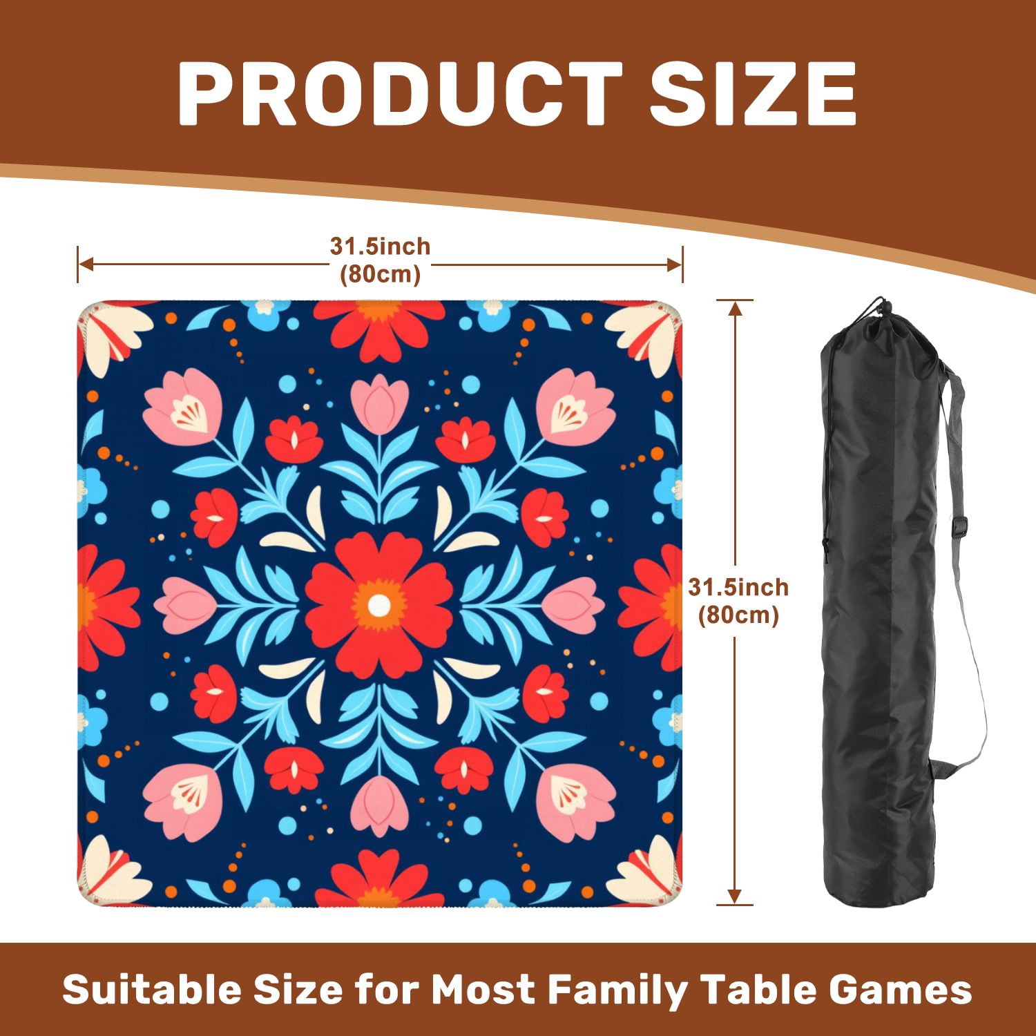 Mahjong Mat 31.5" x 31.5" Symmetrical Floral Folk Red Pink Flowers Dark Blue Non-Slip Noise Reduction American Mahjong Tiles Table Cover for Dominoes Poker Card Board Games Gift