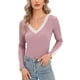 thumbnail image 1 of Camisa básica ajustada con encaje y cuello en V, manga larga, blusas básicas gruesas y cómodas para mujer, rosa y morado M, 1 of 8