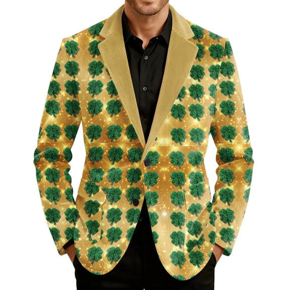 Kilaqueen Corduroy Blazer for Men St Patricks Day Single-Breasted Notch Lapel Suit Jackets Fashion Holiday Party Work Blazers with Pockets