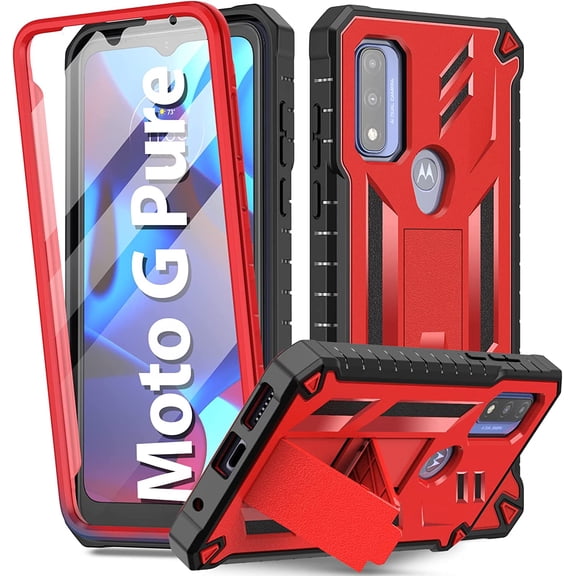For Motorola Moto G Pure Hybrid Dual Layer with Rotate Magnetic Ring Stand Holder Kickstand Rugged Shockproof Protective Cover ,Xpm Phone Case [ Red ]