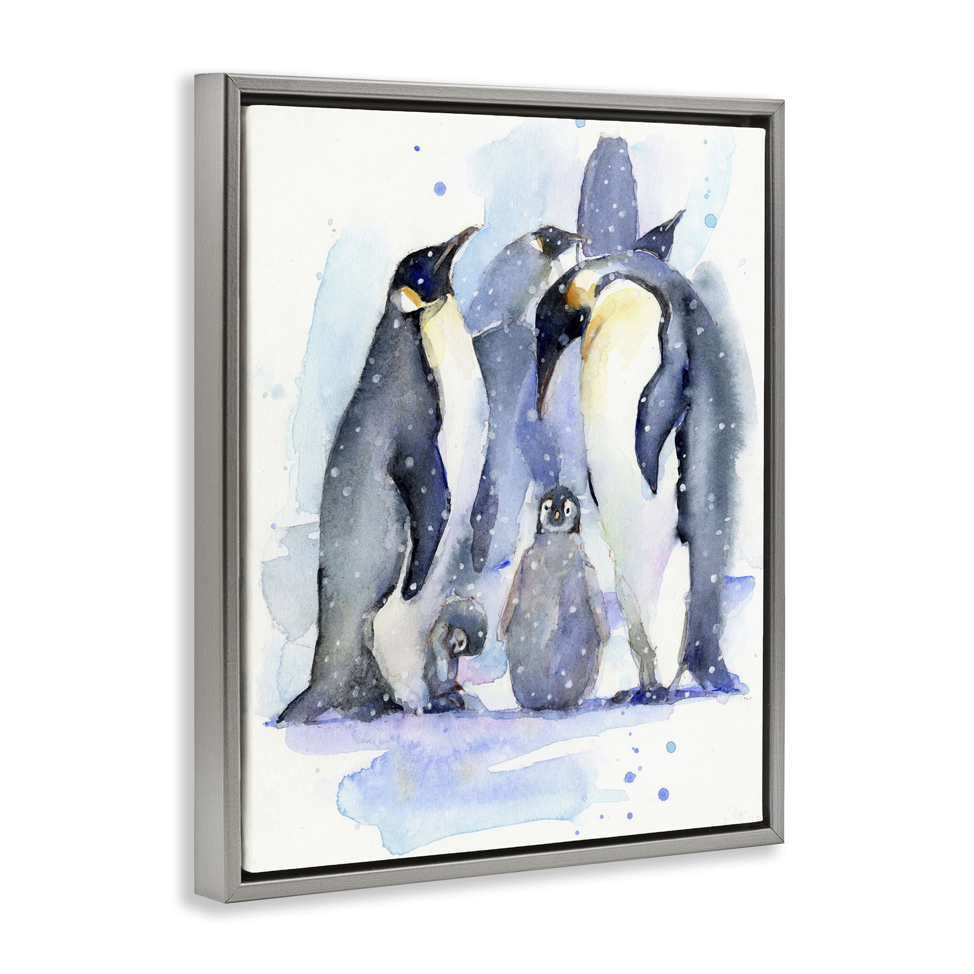 Stupell Industries Penguin Family Watercolor Animals Painting Gray Floater Framed Canvas Art Print Wall Art, 17 x 21