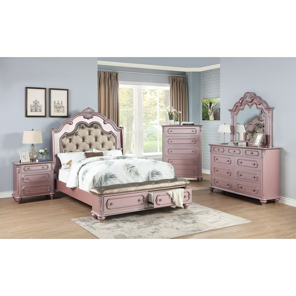 Rose Gold Gorgeous Formal Majestic Tufted Hb 5pc Bedroom Set Queen Size Bed Dresser Mirror Nightstand Storage Fb Furniture Walmart Com