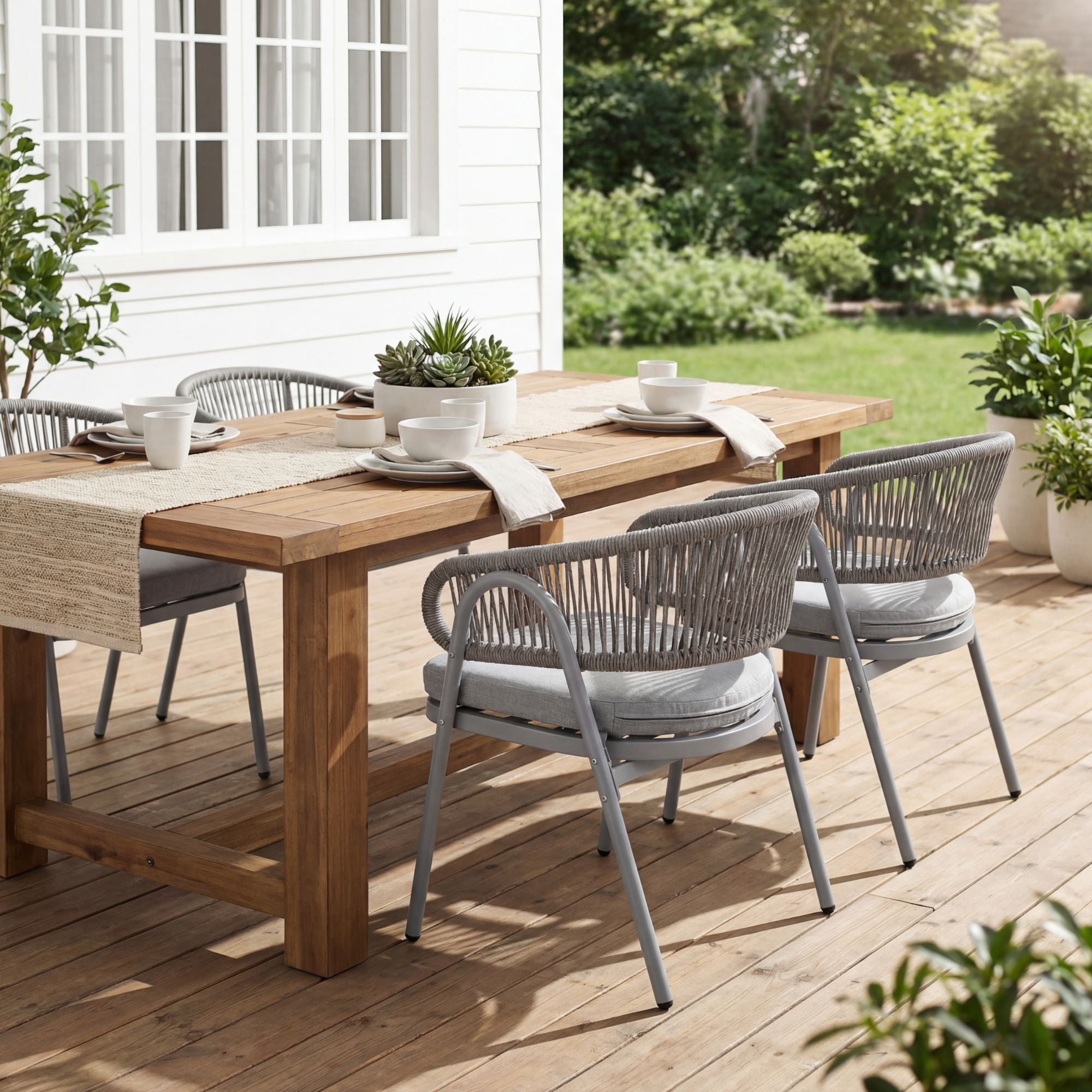 Dayalane Outdoor Dining Chairs Set of 4, Modern Rope Woven Patio Armchairs with Curved Back, Weather-Resistant Metal Frame, Balcony Backyard Bistro Seating, Grey