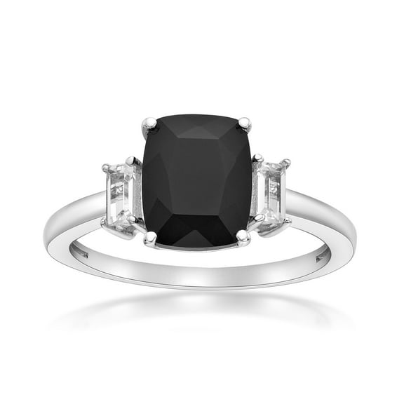 925 Sterling Silver Ring With Cushion Cut Black Onyx and White Topaz Accent